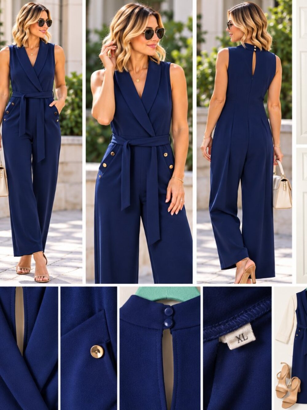 Royal Blue Sleeveless Jumpsuit Belted Wide Leg Gold Button Detail XL